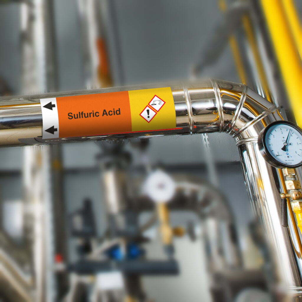 A pipe marker on a stainless steel line reading Sulfuric Acid, with a GHS corrosive pictogram and flow-direction arrows.