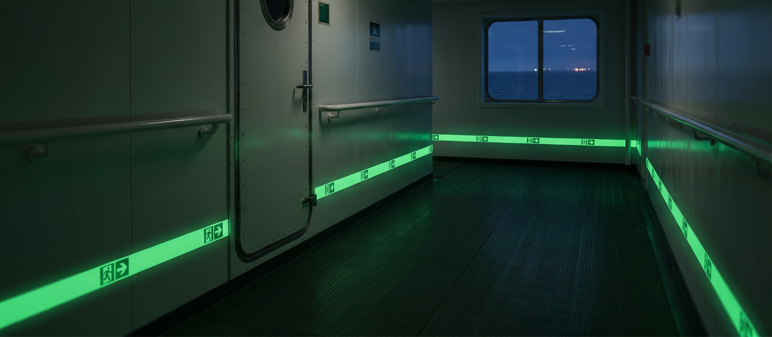 Photoluminescent low-location lighting along a ship corridor at floor level.
