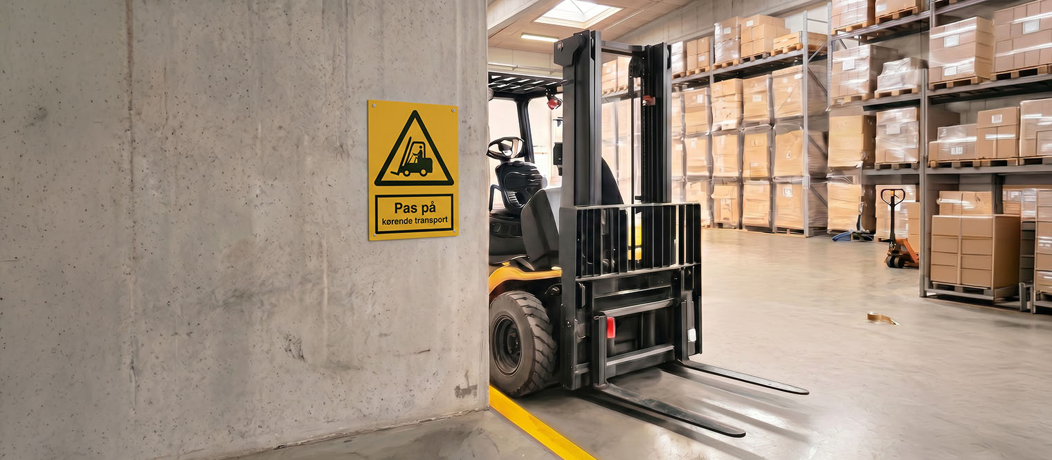 A yellow ISO 7010 warning triangle mounted at eye height in a working industrial area, with the hazard it warns about visible behind it.
