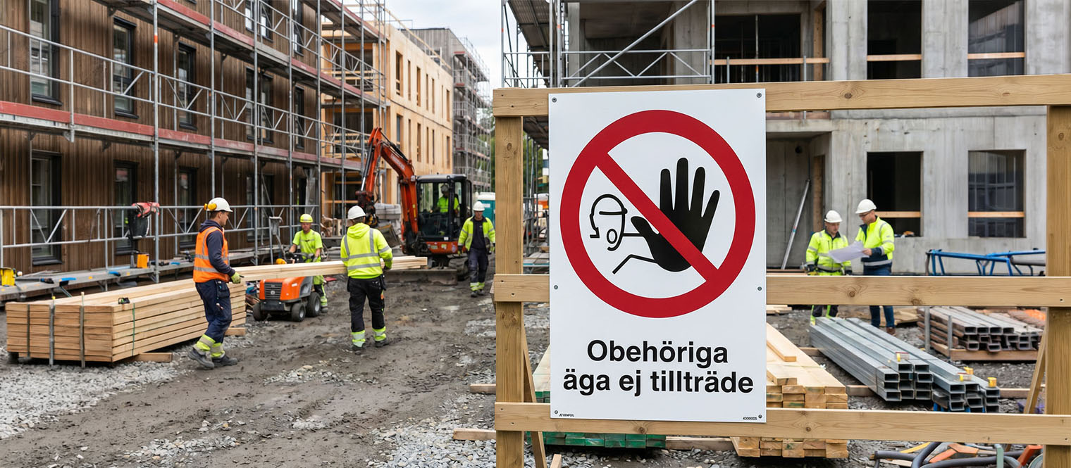 A red ISO 7010 prohibition sign at the point where the prohibited action would be taken, such as a door, a switch or a walkway.