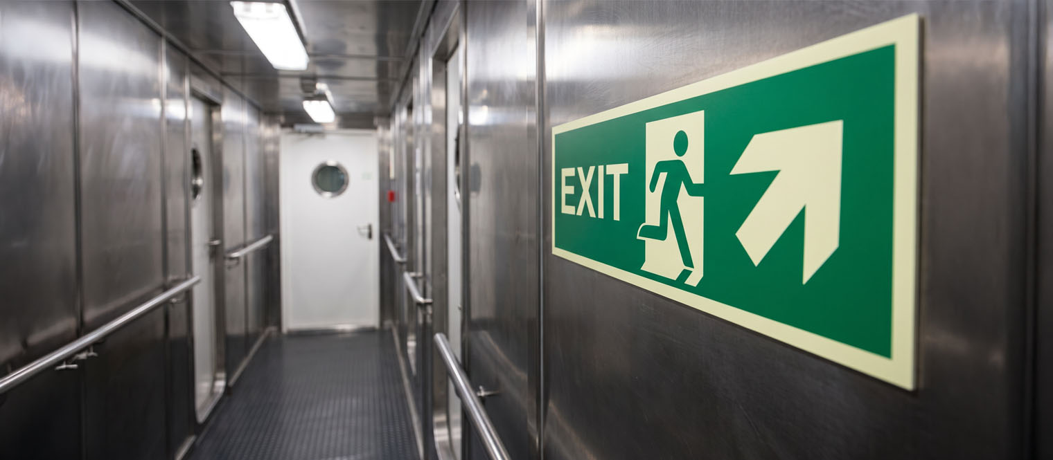 An EXIT sign with a running figure and direction arrow in a ship corridor.
