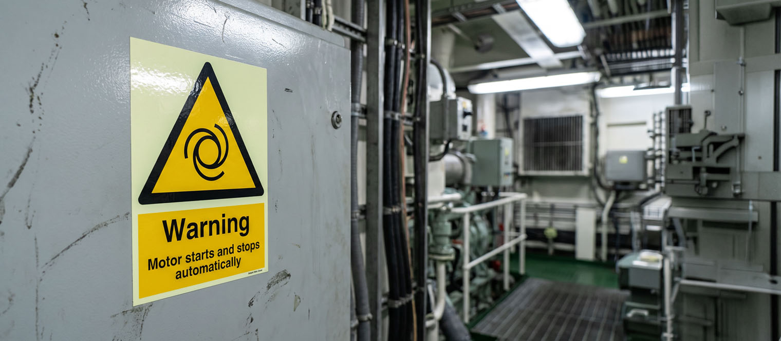 A warning sign at an electrical enclosure, hot surface or low headroom point aboard a vessel.
