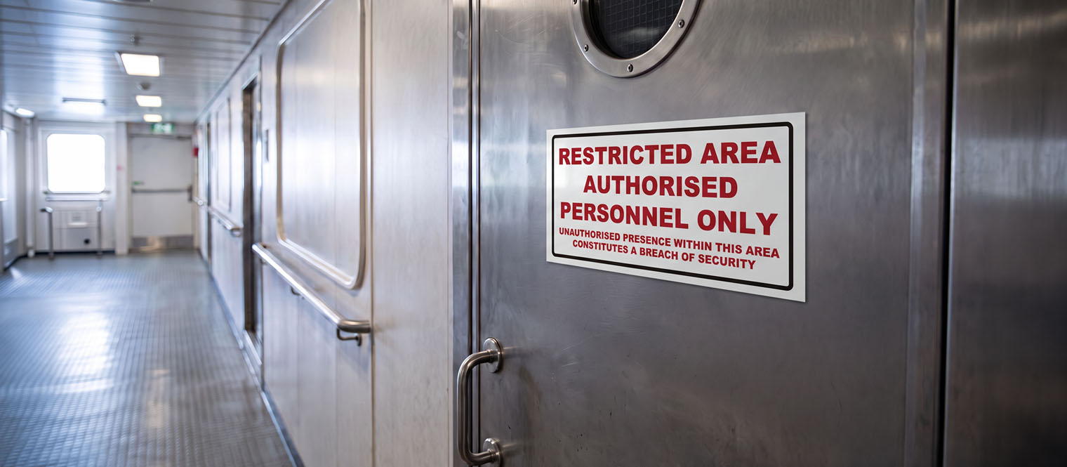 A security notice at a vessel's gangway or a controlled access door.