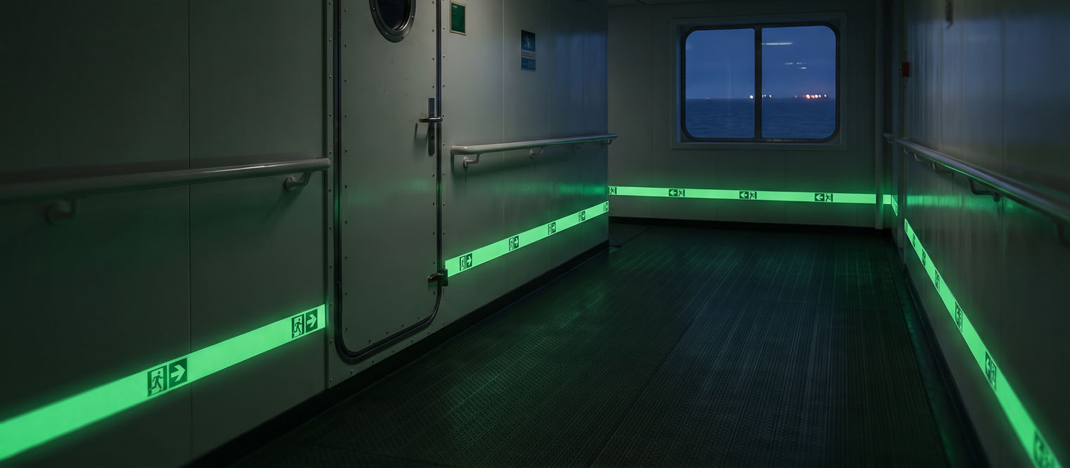 Photoluminescent low-location lighting along a ship corridor at floor level.