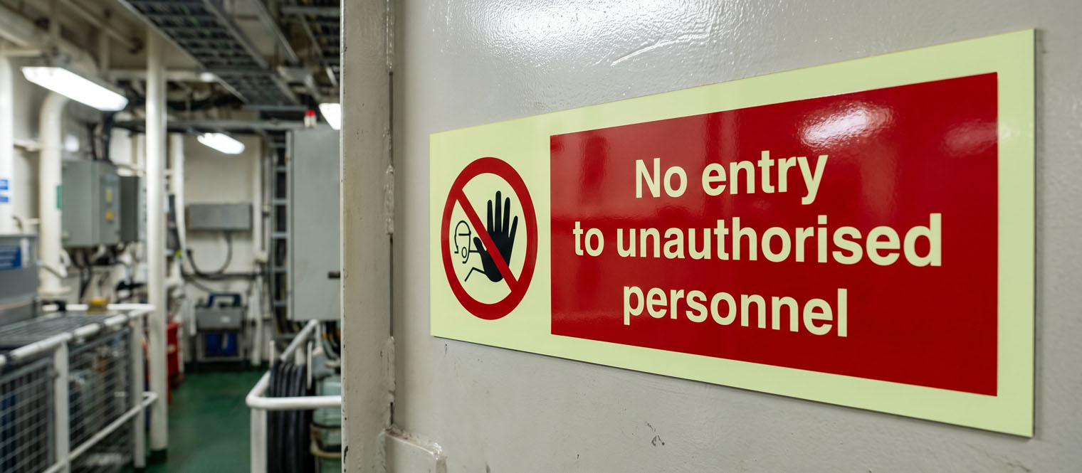 A No entry to unauthorised personnel sign beside a doorway aboard a vessel.